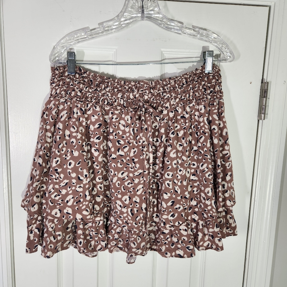 Mustard Seed Stretchy Animal Print Ruffle  Mini Skirt Womens Large